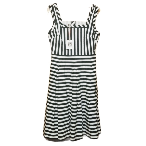 Anne Klein | Black & White Striped Fit & Flare Midi Length Dress (Size 2) - Picture 1 of 11